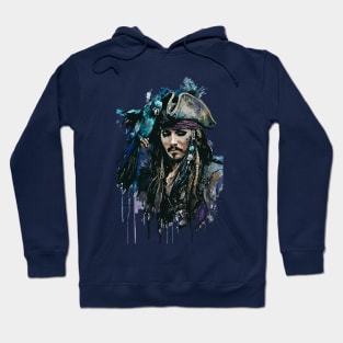 Pirate with Parrot in Old Classic Costume with Furious Face in Ink Painting Style Hoodie